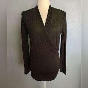 Allude Black Wool Long Sleeve V-Neck Crossover Front Sheer Top